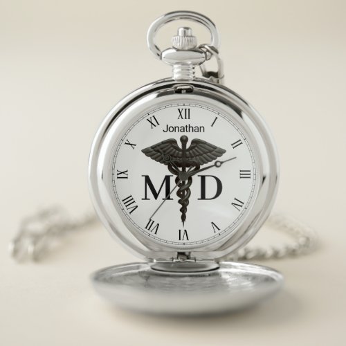 Medical Black Caduceus Medical Doctor MD Name Pocket Watch