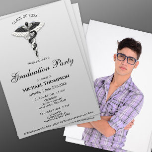 Medical Black White Caduceus Graduation   Photo Invitation