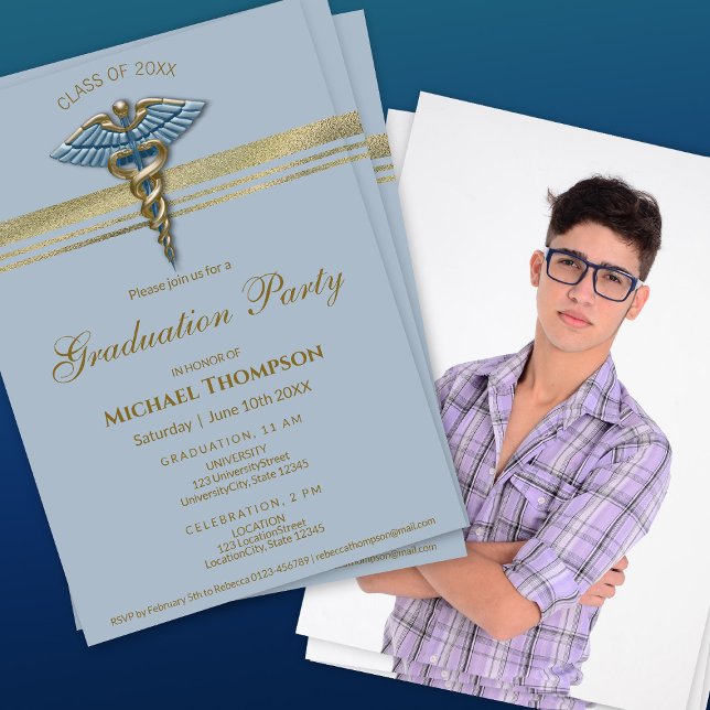 Medical Blue Caduceus Gold Stripe Graduation Photo Invitation (Creator Uploaded)