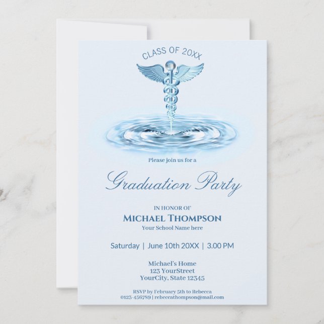 Medical Blue Caduceus Water Ripples Graduation Invitation (Front)