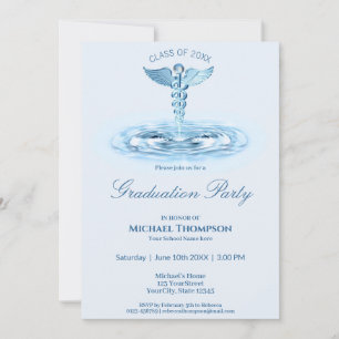Medical Blue Caduceus Water Ripples Graduation Invitation