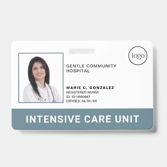 Medical Blue Gray Hospital Logo Photo ID Badge (Front)