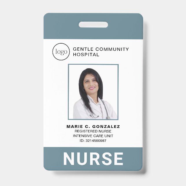 Medical Blue Gray Hospital Logo Photo ID Nurse Badge (Front)