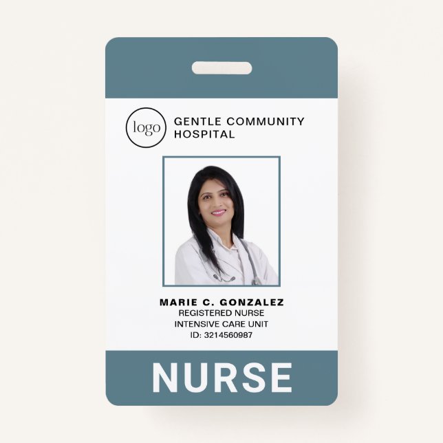 Medical Blue Gray Hospital Logo Photo ID Nurse Badge (Front)
