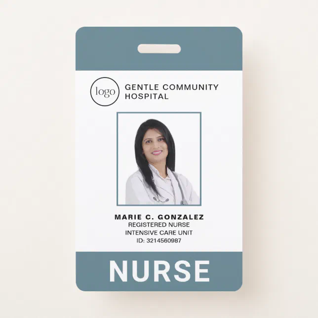 Medical Blue Gray Hospital Logo Photo ID Nurse Badge | Zazzle