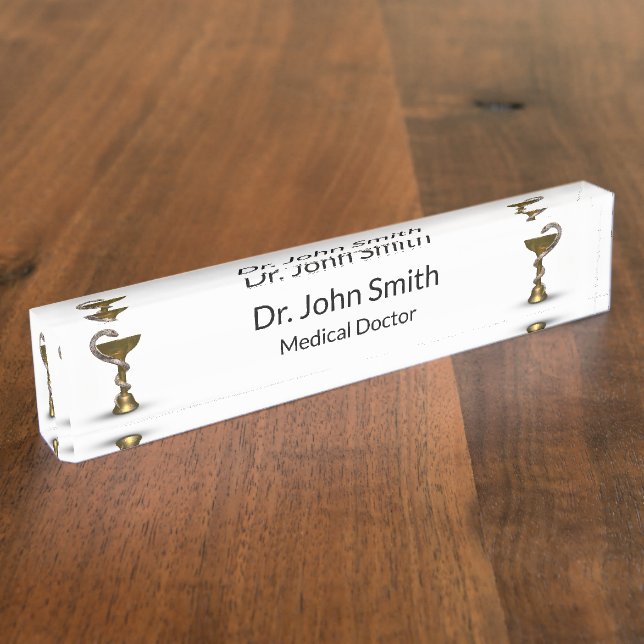 Medical Bronze Snake Bowl Hygieia White Caduceus Desk Name Plate (Side)
