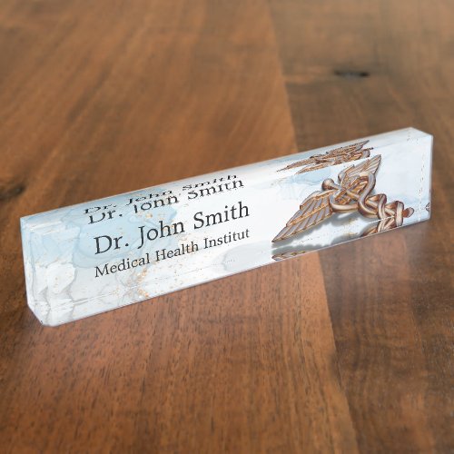 Medical Caduceus Copper Luxury Rose Gold Marble Desk Name Plate