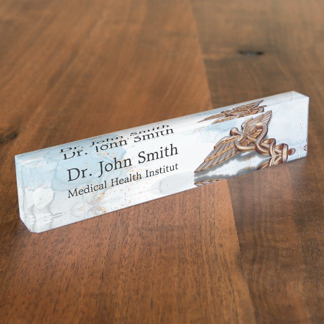 Medical Caduceus Copper Luxury Rose Gold Marble Desk Name Plate (Side)