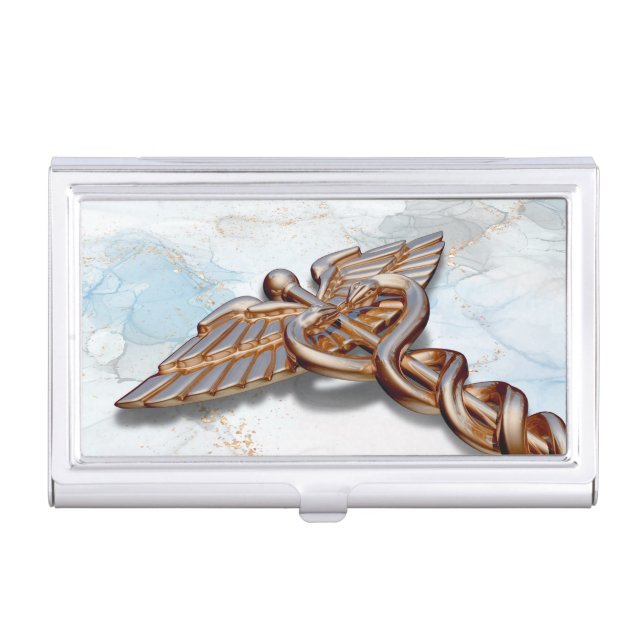 Medical Caduceus Copper Rose Gold Luxury Marble Business Card Case (Front)