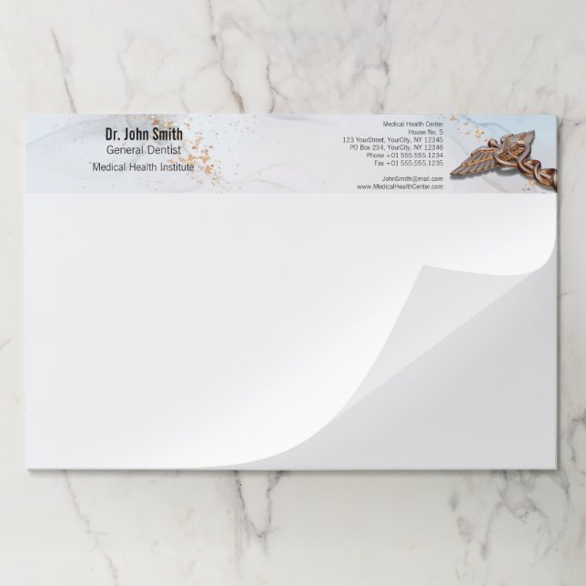 Medical Caduceus Copper Rose Gold Luxury Marble Paper Pad (Folded)