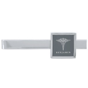 Medical Caduceus Custom Name Silver Finish Tie Clip