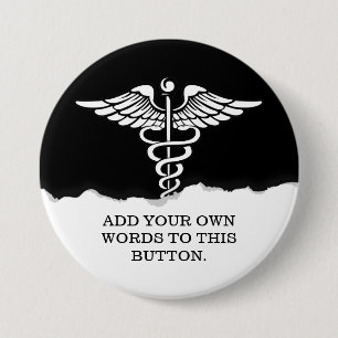 Medical Caduceus Custom Text Solid Black Pinback Button