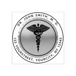 Medical Caduceus Emblem Round Return Address Rubber Stamp