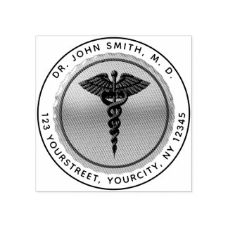 Medical Caduceus Emblem Round Return Address Rubber Stamp