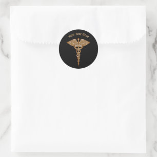 Medical Caduceus Gold Black  Classic Round Sticker