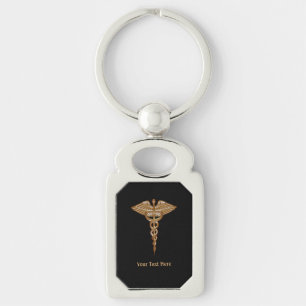 Medical Caduceus Gold Black Metal Keychain