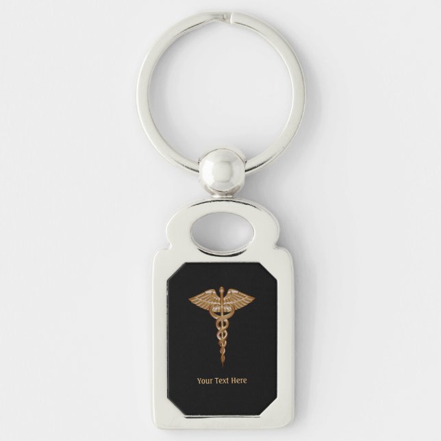 Medical Caduceus Gold Black Metal Keychain (Front)