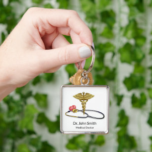 Medical Caduceus Gold & Stethoscope with Heart Keychain