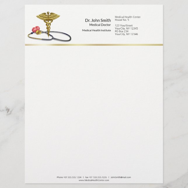 Medical Caduceus Gold & Stethoscope with Heart Letterhead (Front)