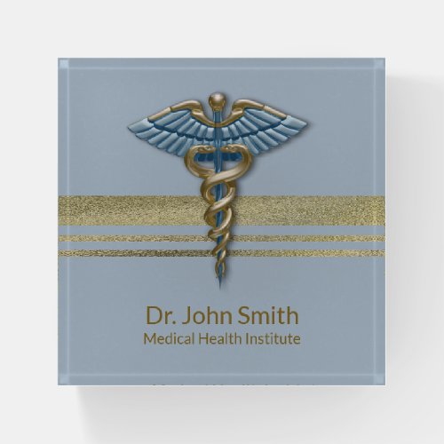 Medical Caduceus Light Blue Faux Gold Foil Stripes Paperweight