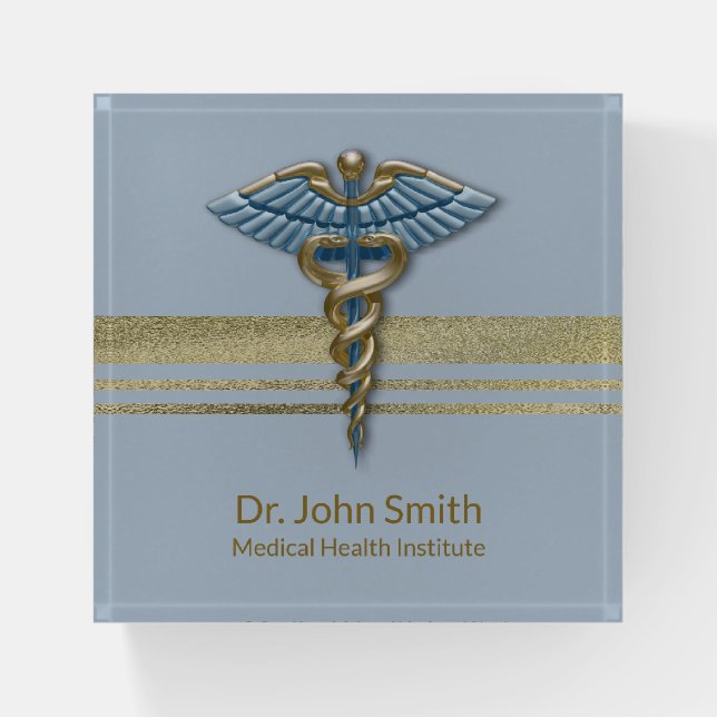 Medical Caduceus Light Blue Faux Gold Foil Stripes Paperweight (Front)