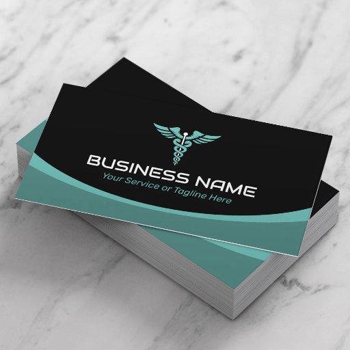 Customizable Medical Caduceus Logo Health Care Modern Teal Business Card