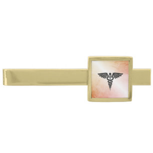Medical Caduceus Look of Rustic Marble Gold Finish Tie Bar
