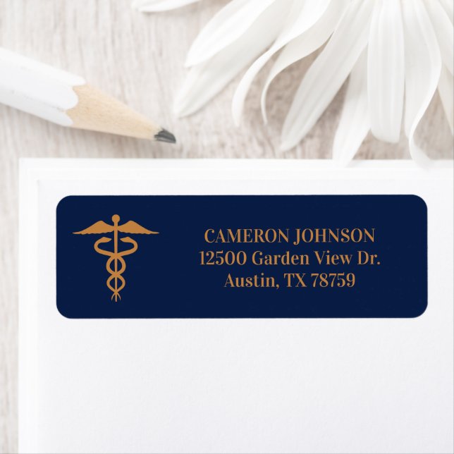 Medical Caduceus Navy Blue Gold Return Address Label (Insitu)