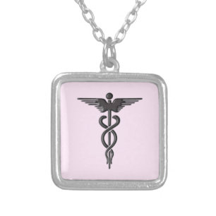 Medical Caduceus on Pink Silver Plated Necklace