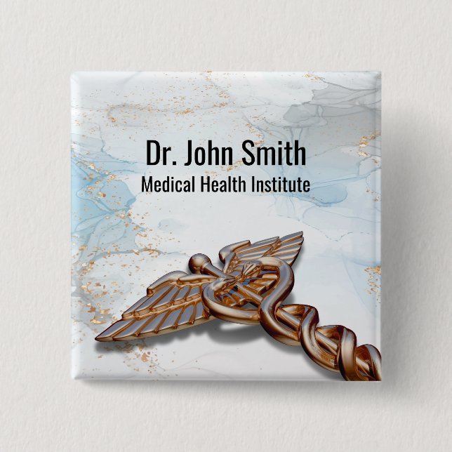 Medical Caduceus Rose Gold Copper Luxury Marble Button (Front)