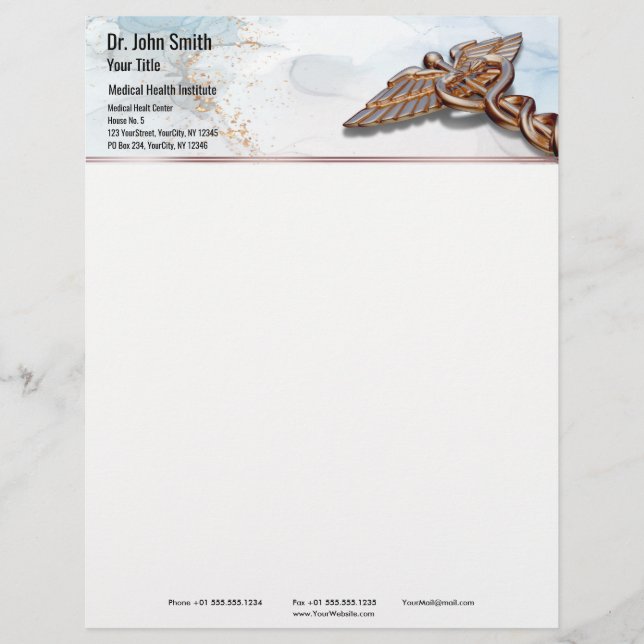 Medical Caduceus Rose Gold Luxury Marble Copper Letterhead (Front)