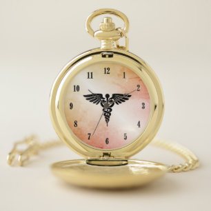 Medical Caduceus Rustic Marble Look Pocket Watch