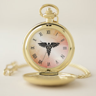 Medical Caduceus Rustic Marble Look Pocket Watch