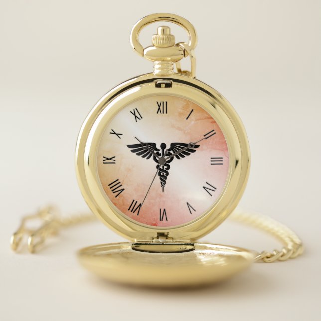 Medical Caduceus Rustic Marble Look Pocket Watch (Inside)