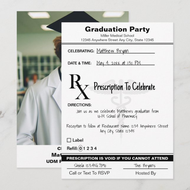Medical Caduceus Rx Prescription Pad Graduation  Invitation (Front/Back)