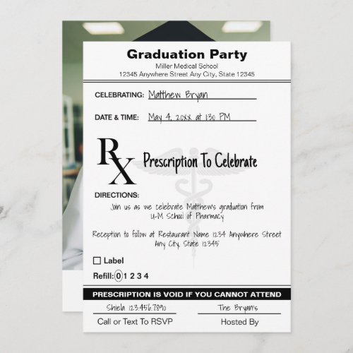 Medical Caduceus Rx Prescription Pad Graduation  Invitation