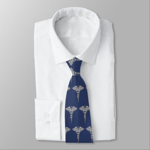 Medical Caduceus Silver Blue Pattern Neck Tie