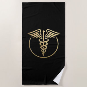 Medical Caduceus Symbol Black Gold Beach Towel