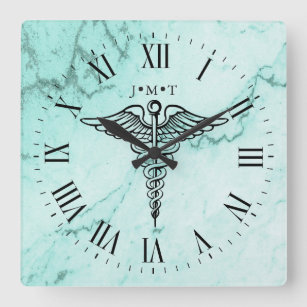 Medical Caduceus Symbol Custom Initials Marble Square Wall Clock