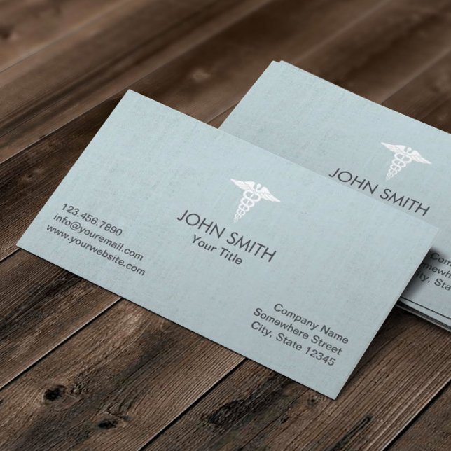 Medical Caduceus Symbol Faux Linen Light Blue Business Card (Creator Uploaded)