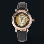Medical Caduceus Symbol | Nurses Nursing RN Gold Watch<br><div class="desc">Chic black and gold caduceus watch for nurses and nursing students- Black caduceus symbol above elegant black lettering that reads NURSE on a gold gradient circle with faux gold metal accents. Black and faux gold glitter background. Matching gold metallic effect clock face numbers. Very elegant and modern look. Customize text...</div>