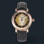 Medical Caduceus Symbol | Nurses Nursing RN Gold Watch<br><div class="desc">Chic black and gold caduceus watch for nurses and nursing students- Black caduceus symbol above elegant black lettering that reads NURSE on a gold gradient circle with faux gold metal accents. Black and faux gold glitter background. Matching gold metallic effect clock face numbers. Very elegant and modern look. Customize text...</div>