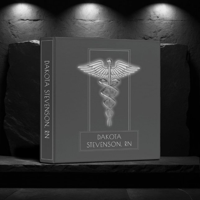 Medical Caduceus Symbol | Silver Charcoal Gray 3 Ring Binder (Creator Uploaded)