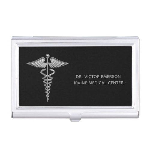 Medical Caduceus Symbol Silver on Black Business Card Holder