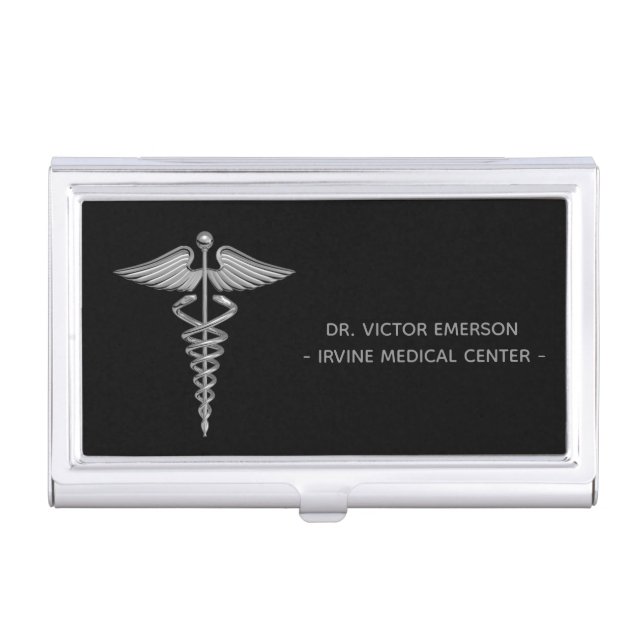 Medical Caduceus Symbol Silver on Black Business Card Holder (Front)
