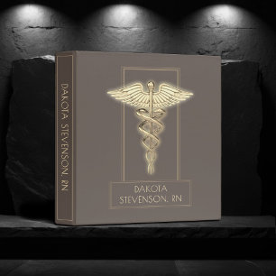 Medical Caduceus Symbol Taupe Brown and Gold 3 Ring Binder