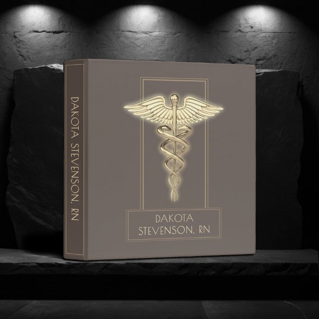 Medical Caduceus Symbol | Taupe Brown and Gold 3 Ring Binder (Creator Uploaded)