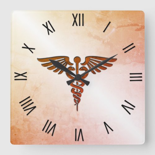 Medical Caduceus w Black Roman Numerals Square Wall Clock