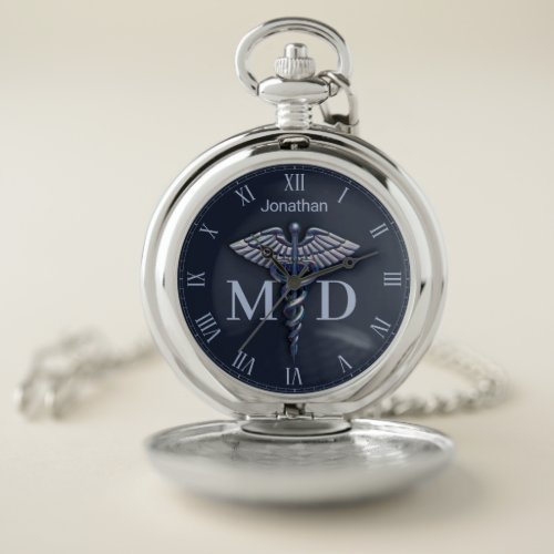 Medical Chrome Caduceus Dark Name Medical Doctor Pocket Watch