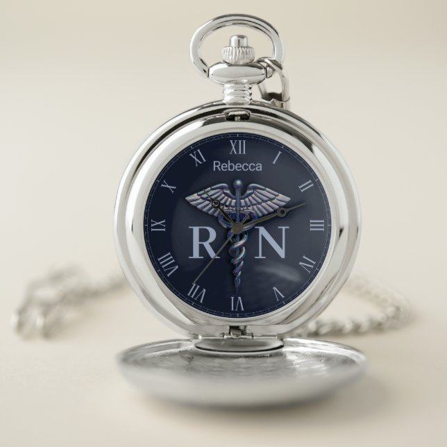 Medical Chrome Caduceus Dark Registered Nurse RN Pocket Watch (Inside)